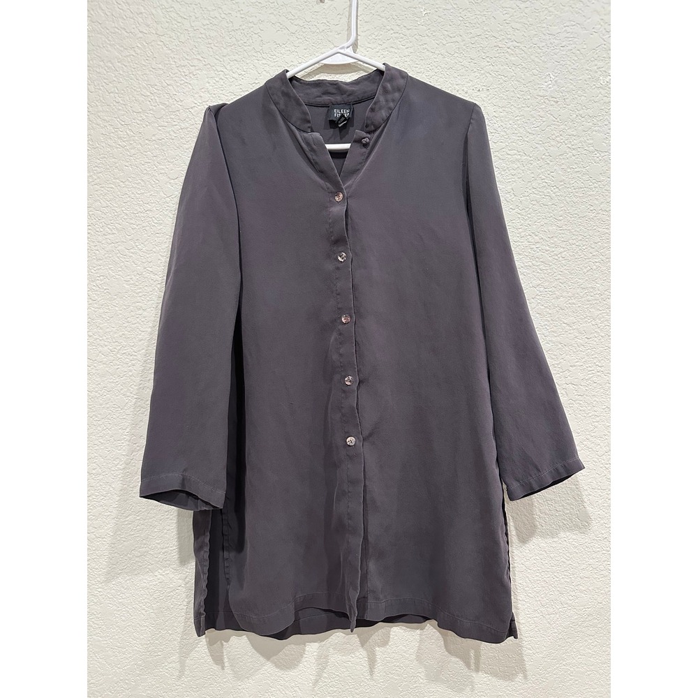 Eileen Fisher Womens Silk Tunic Blouse‎ Charcoal Grey Mandarin Collar XS